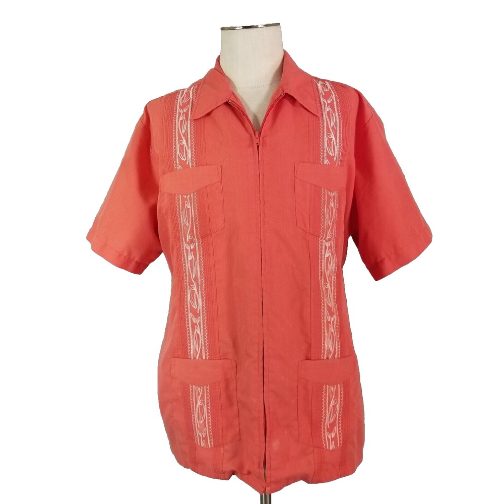 Haband Shirt Mens XL Pink Salmon Guayabera Full Zip Tropical Embroidered Casual